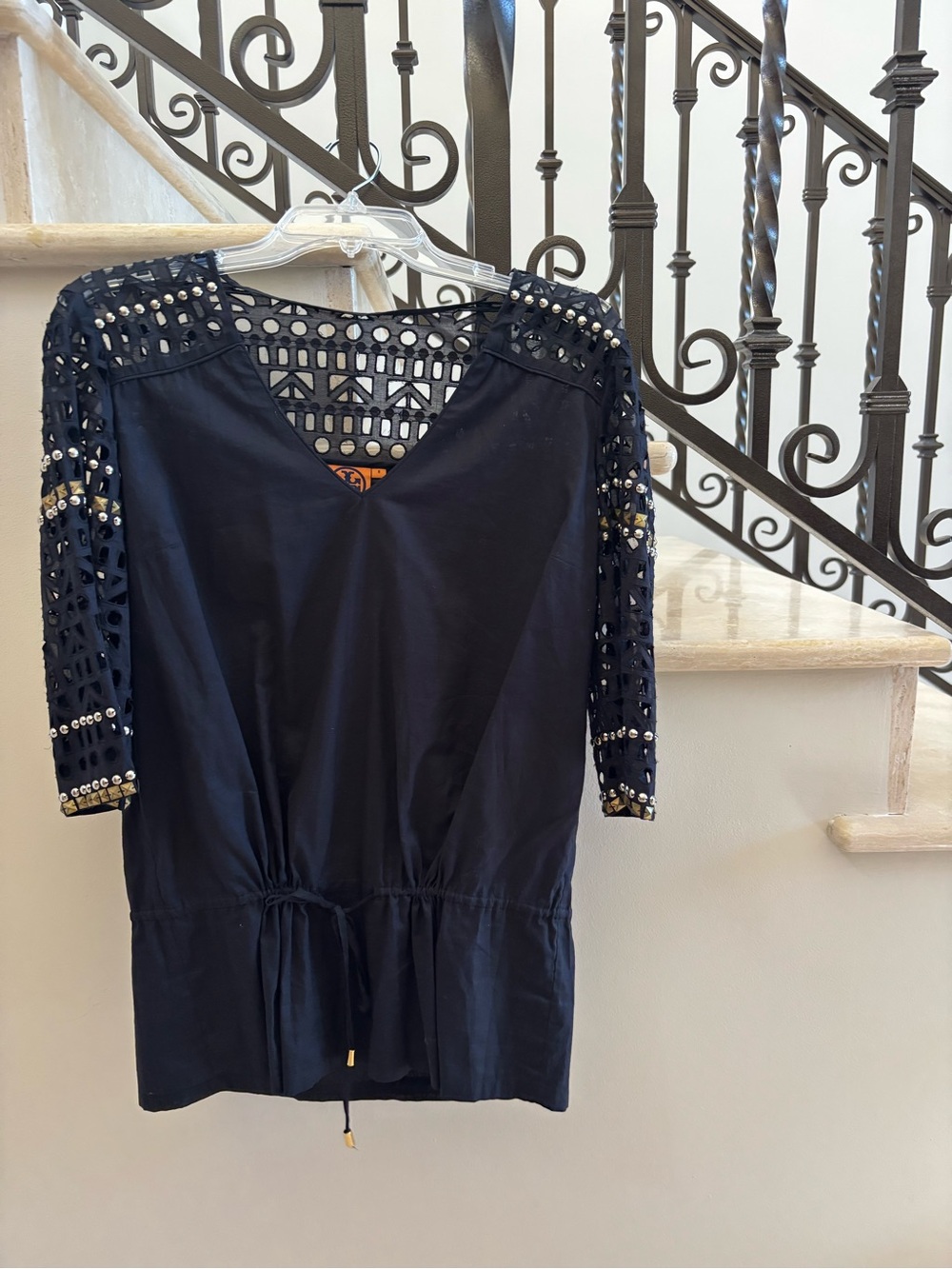 Tory Burch Navy Crochet Sleeve Drawstring Top with Stud Detail